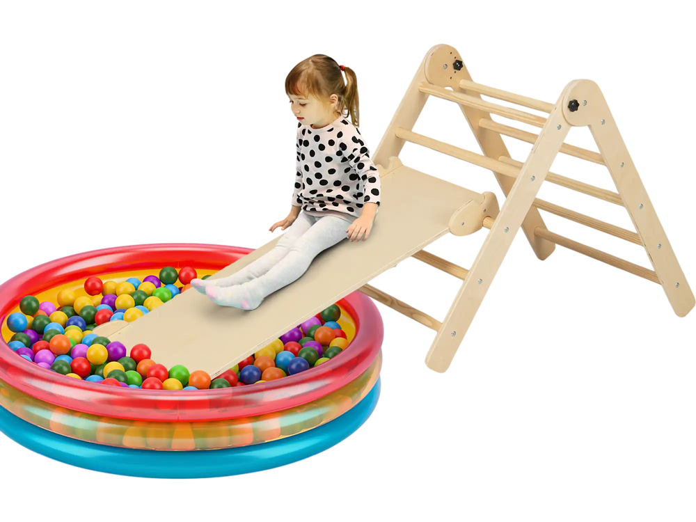 Kids 3-in-1 climbing set with adjustable ramp, featuring a triangular ladder and colorful ball pit for safe play.