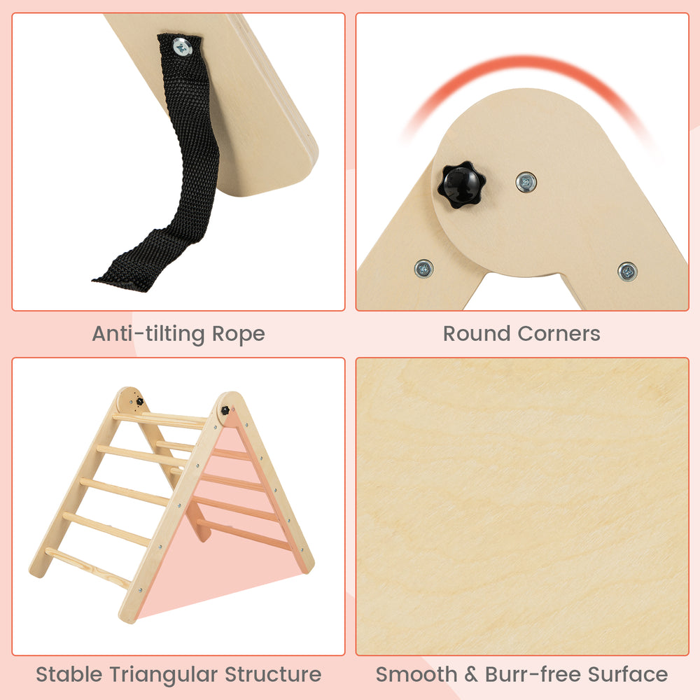 Foldable kids' climbing triangle set with anti-tilting rope, rounded corners, and stable triangular structure for safe.