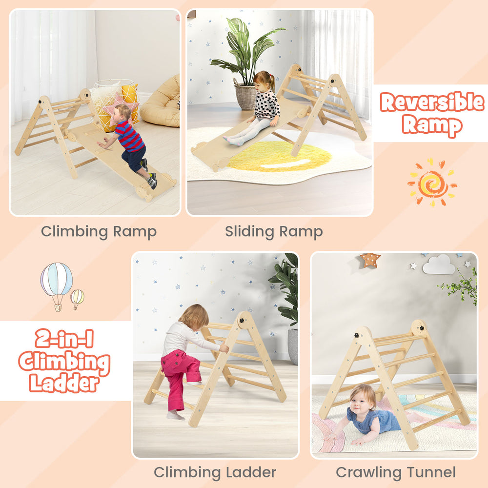 3-in-1 climbing set featuring a foldable triangular ladder, adjustable ramp, and safe design for kids' playroom fun.