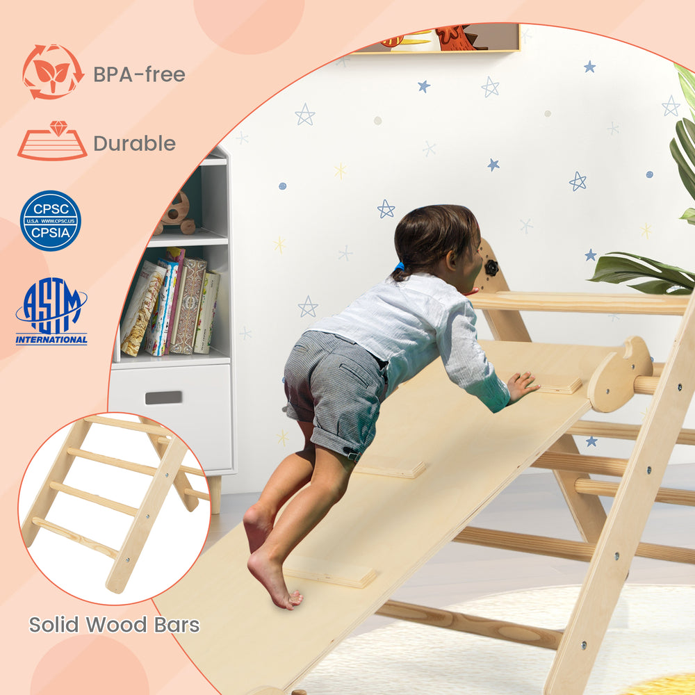 Foldable kids climbing triangle set with adjustable ramp, made of BPA-free solid wood, perfect for safe indoor play.