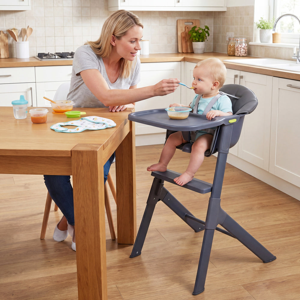Gray 3-in-1 washable baby high chair with adjustable tray and footrest, perfect for feeding toddlers indoors or.
