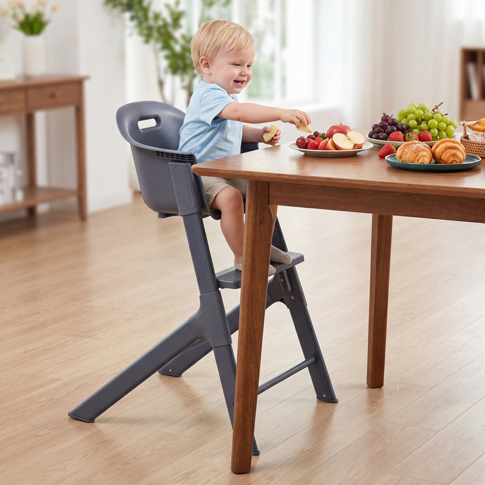 Gray 3-in-1 washable baby high chair with tray and footrest, designed for kids 6-36 months, suitable for indoor and.