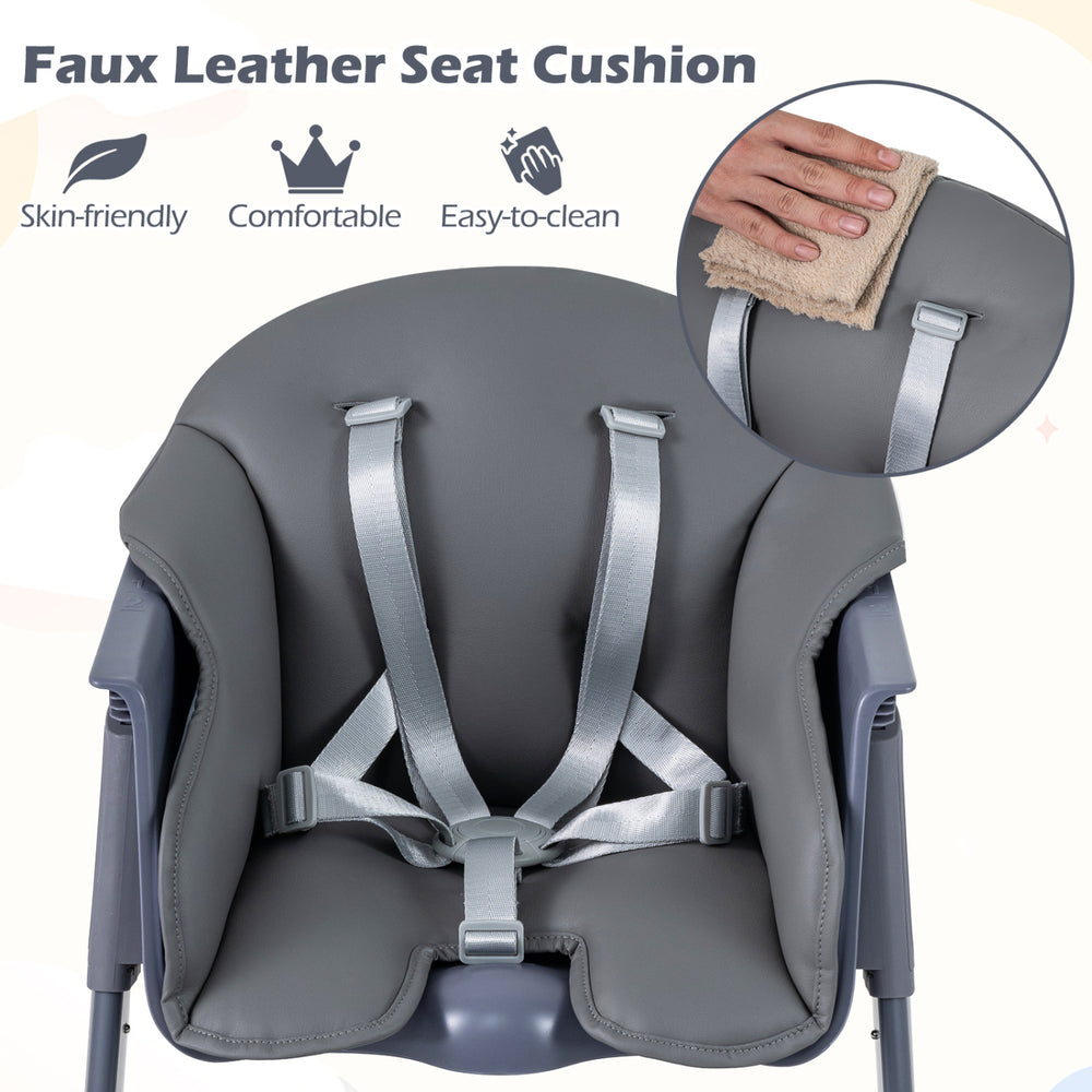 Faux leather seat cushion for a gray 3-in-1 washable baby high chair, featuring adjustable straps and easy-clean.