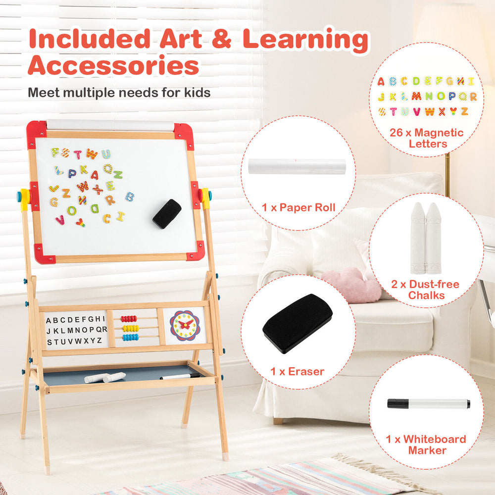 3-in-1 wooden art easel for kids featuring a double-sided board, paper roll, and educational accessories for creative.