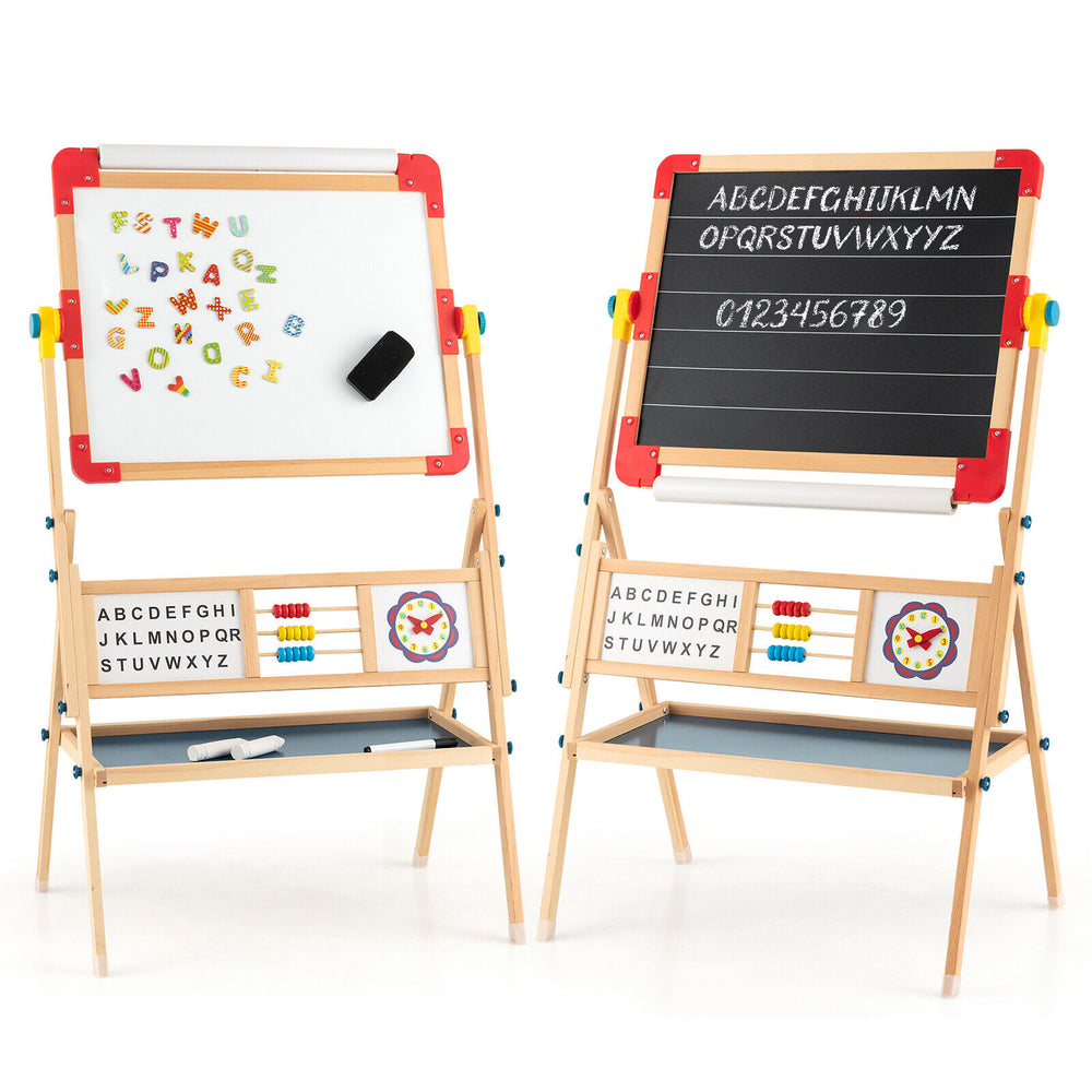 Double-sided 3-in-1 wooden art easel for kids with chalkboard, whiteboard, and paper roll for creative learning.