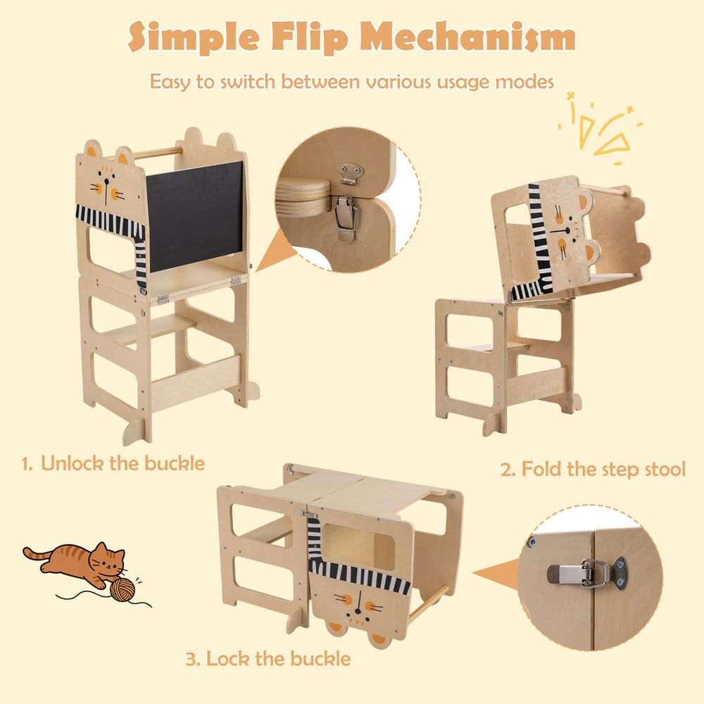 3-in-1 wooden kids toddler kitchen step stool with blackboard features a stable A-shaped structure and cute cat patterns.
