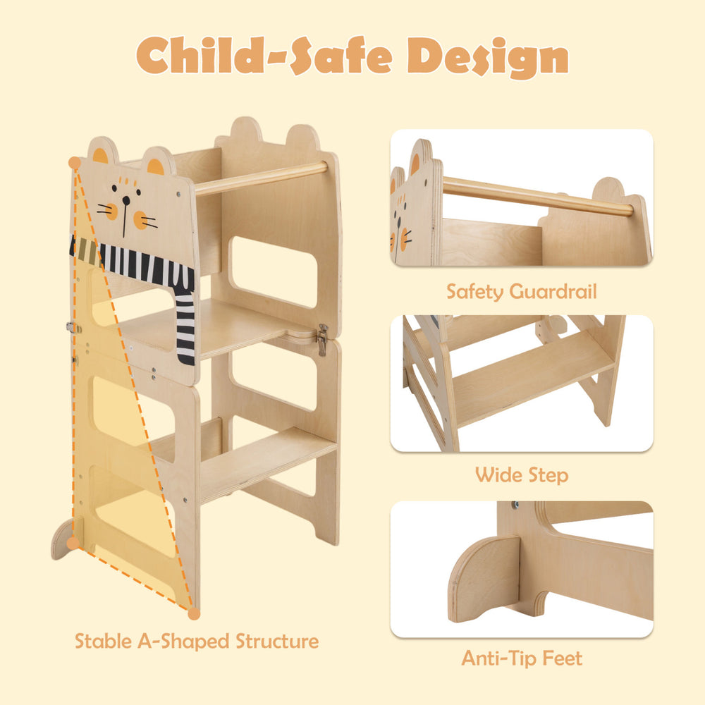 Wooden 3-in-1 kids step stool with blackboard features a stable A-shaped structure and safety guardrail for secure use.