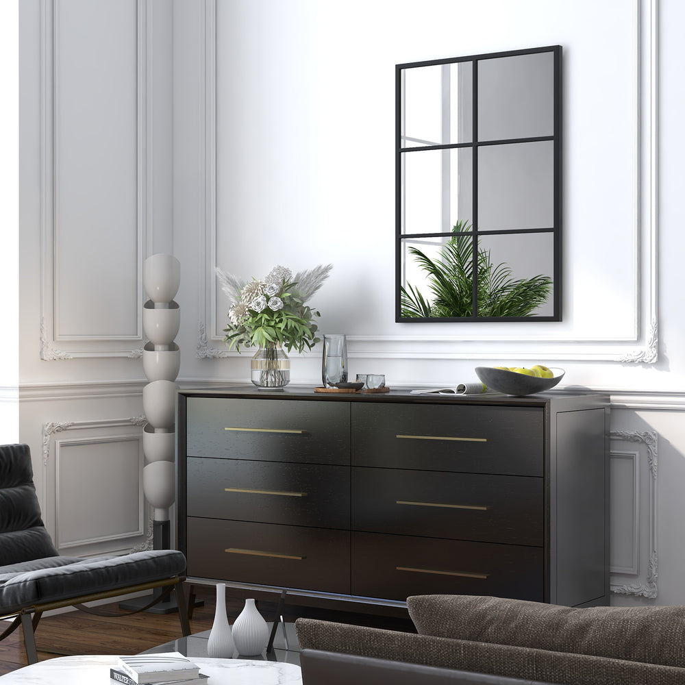 Black 3-layered decorative wall mirror with metal frame, ideal for modern living room decor and versatile placement.