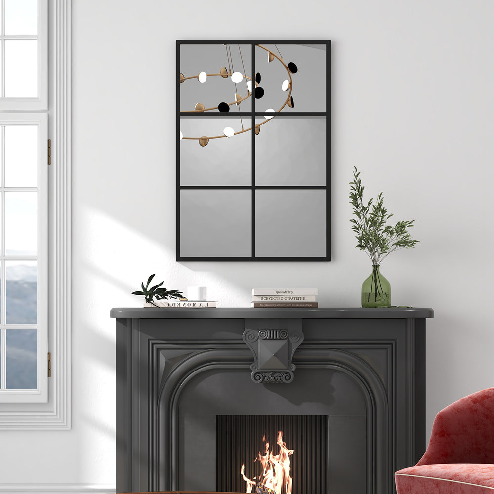 3-layered decorative wall mirror with a black metal frame, perfect for modern living room decor and easy wall mounting.