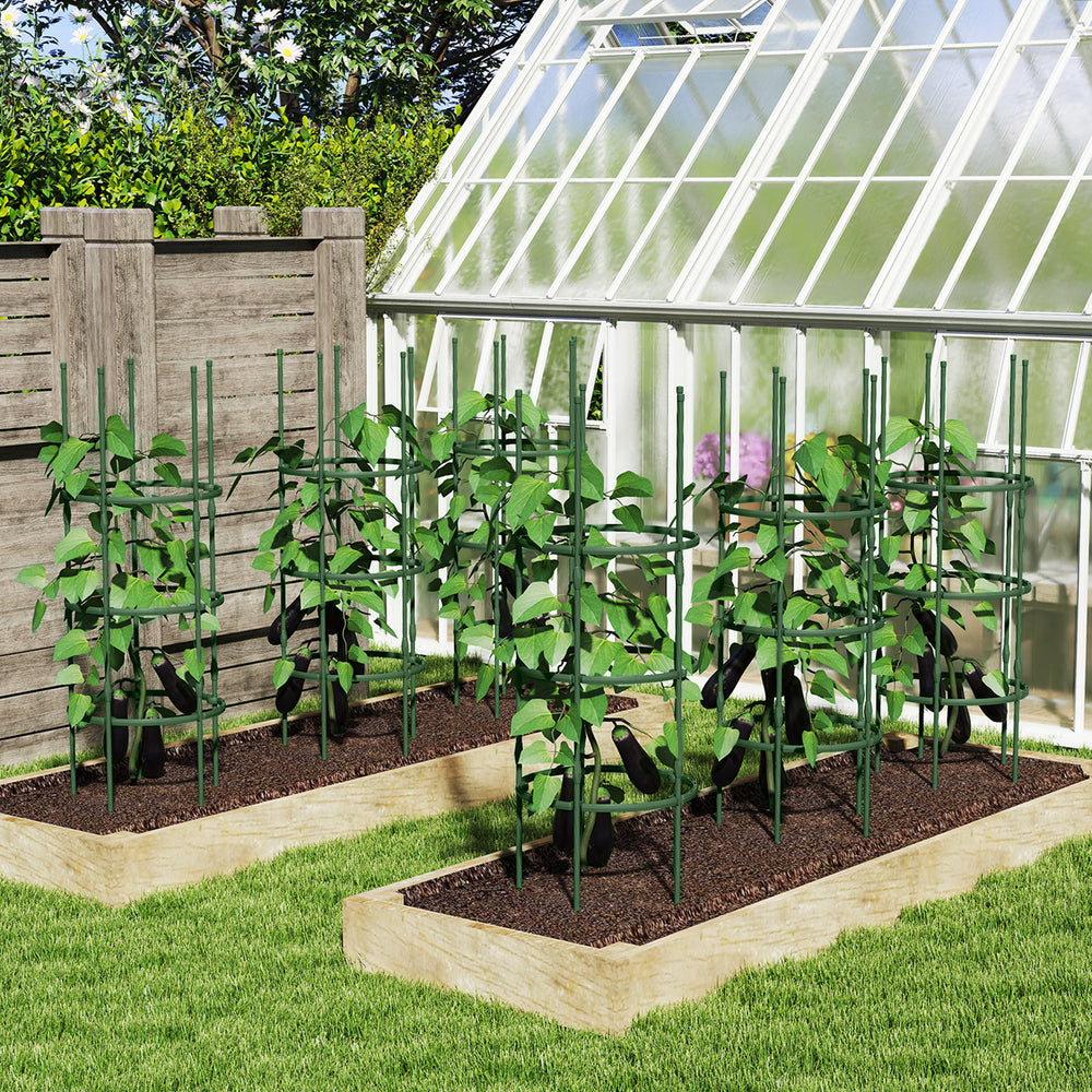 Adjustable 60-inch plant support trellis in a garden, designed for climbing plants with sturdy metal pipes and zip ties.