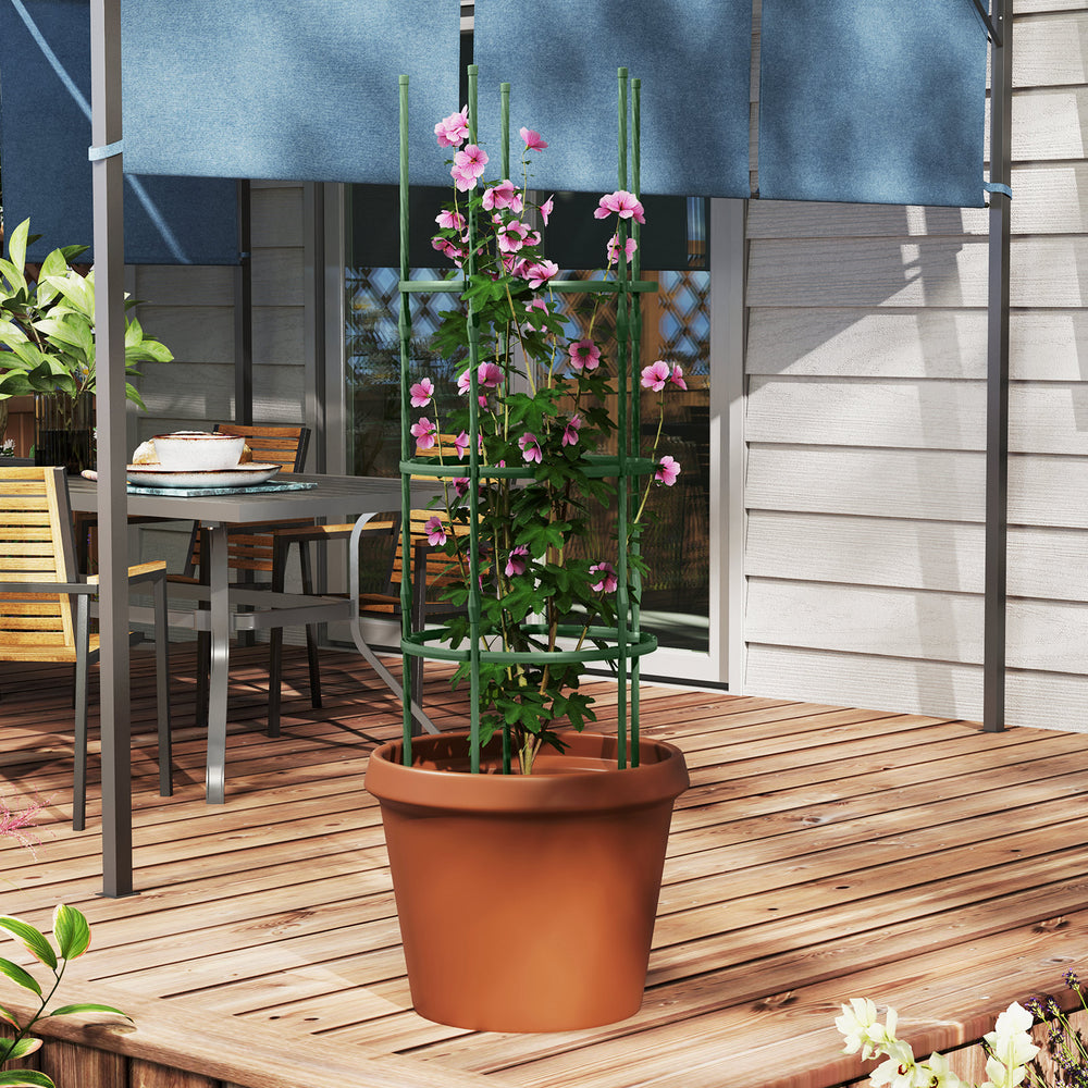 Adjustable 60-inch tall plant support trellis in a flower pot, ideal for climbing plants in gardens or patios.