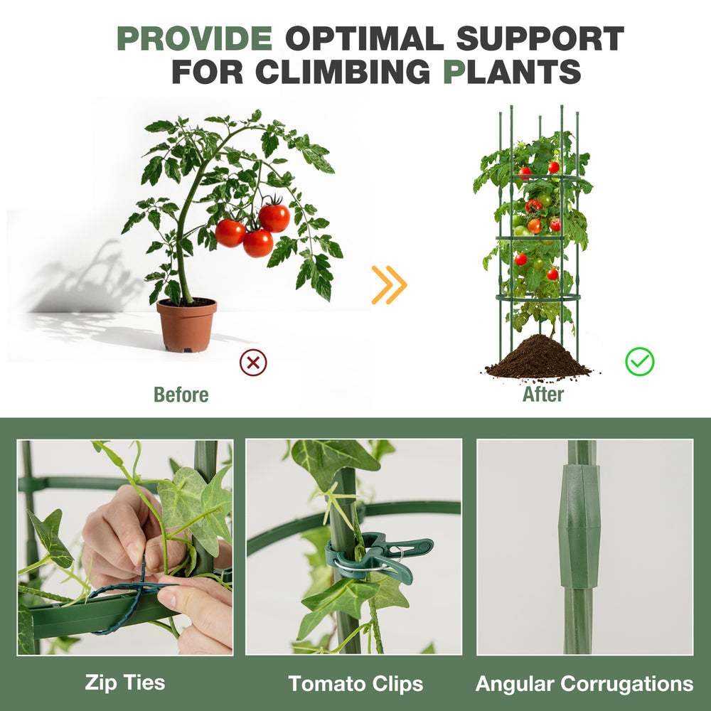 Adjustable 60-inch plant support trellis with angular corrugations, zip ties, and tomato clips for climbing plants.