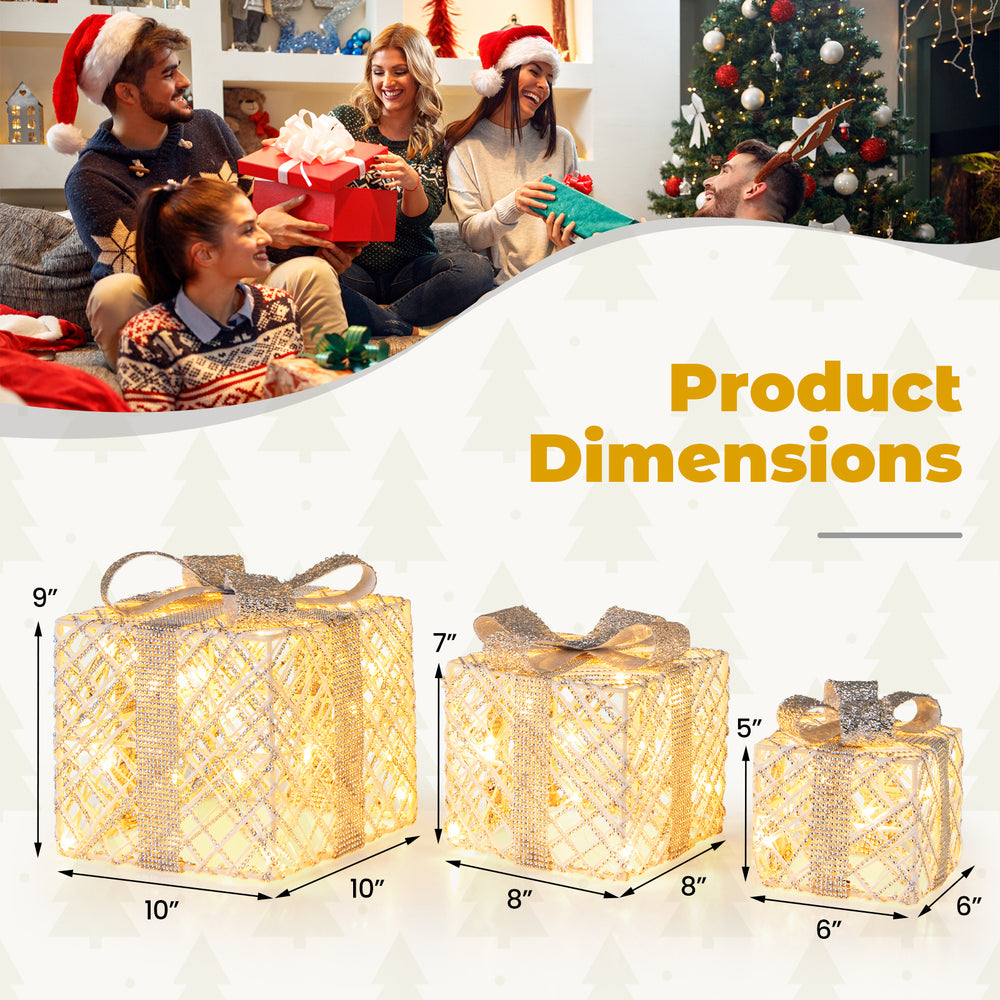 Three lighted Christmas gift boxes in various sizes, featuring 50 LED lights and detachable bows for festive decoration.