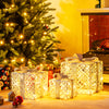 Three lighted Christmas gift boxes with 50 LED lights, featuring detachable bows, perfect for indoor or outdoor.