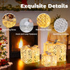 Lighted Christmas gift boxes with 50 LED lights, detachable bows, and elegant woven ropes for indoor or outdoor decor.