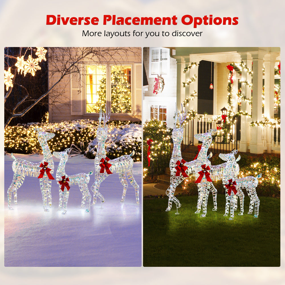 Lighted Christmas reindeer family displaying diverse placement options, featuring a 5 ft buck, 4 ft doe, and 3 ft fawn.