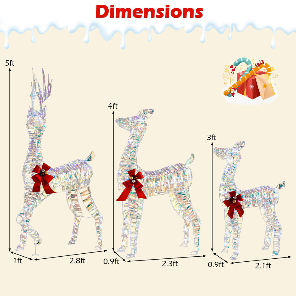 Three-piece lighted Christmas reindeer family set with bows, featuring 5 ft buck, 4 ft doe, and 3 ft fawn for festive.