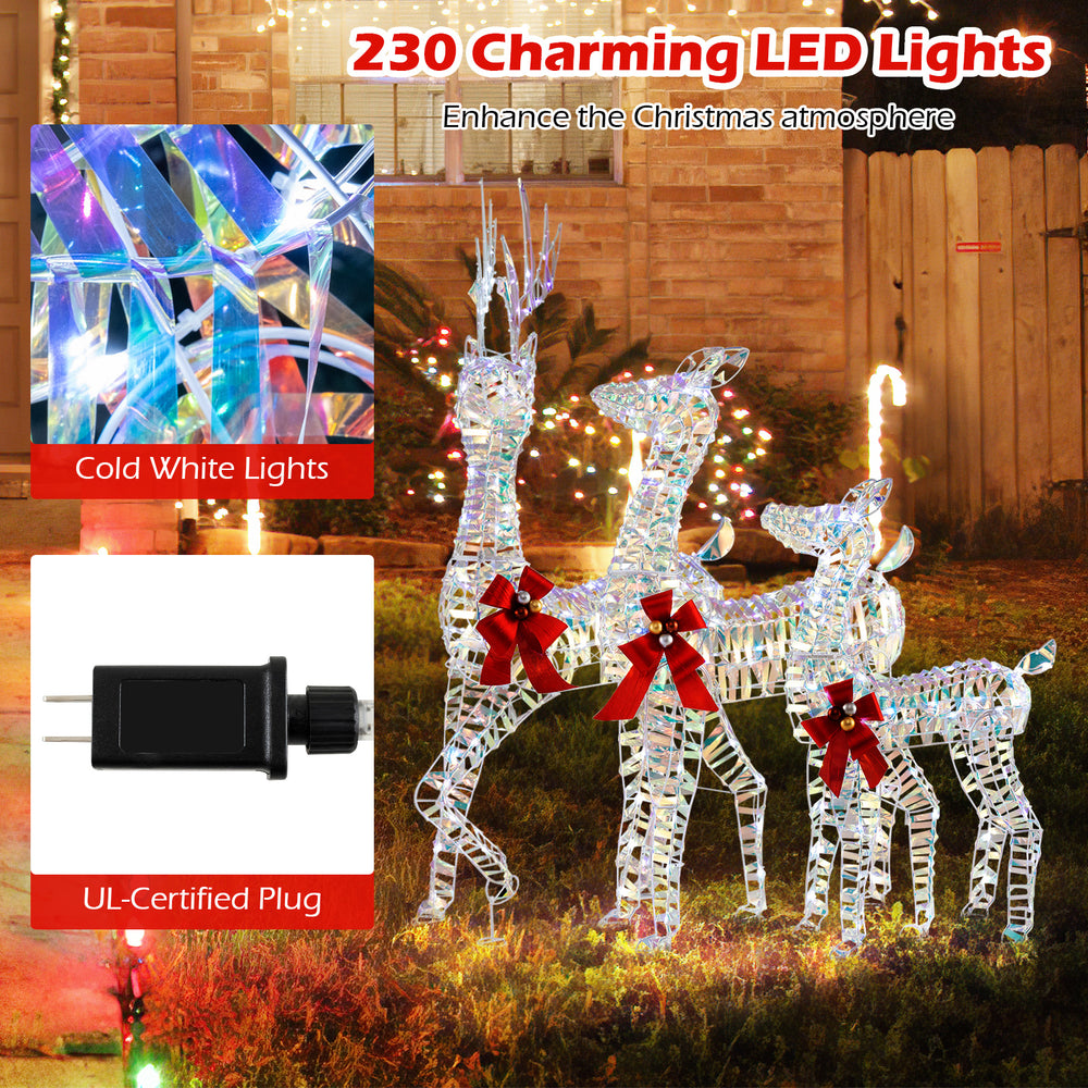 Lighted Christmas reindeer family with 230 cold white LED lights, sturdy metal frame, and festive bows for outdoor.