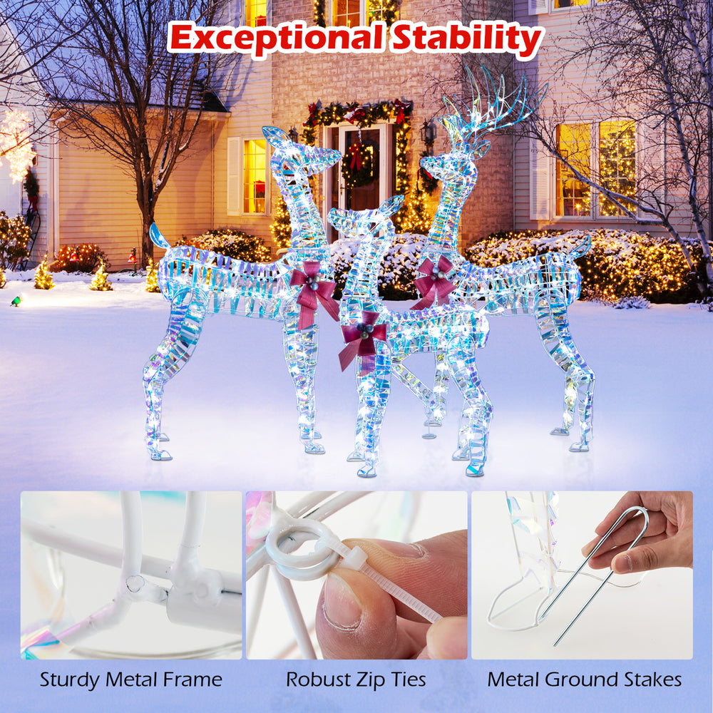 Large lighted Christmas reindeer family with 230 LED lights, sturdy metal frame, and bows for festive outdoor.