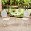 White 3-piece metal bistro set featuring a round table and two folding chairs, perfect for outdoor patio use.