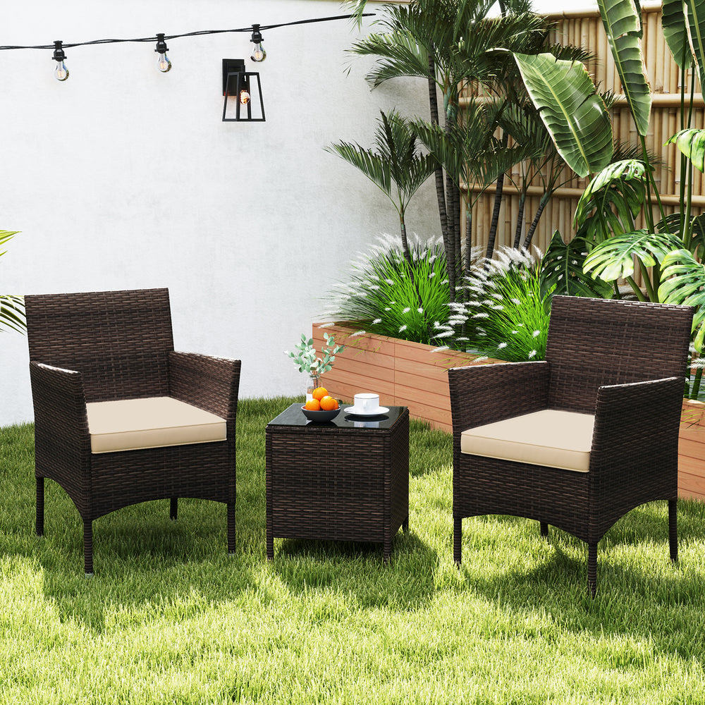 3 Pieces Outdoor Conversation Set with Cushioned Seat and Glass Tabletop-Beige - Gallery View 1 of 10