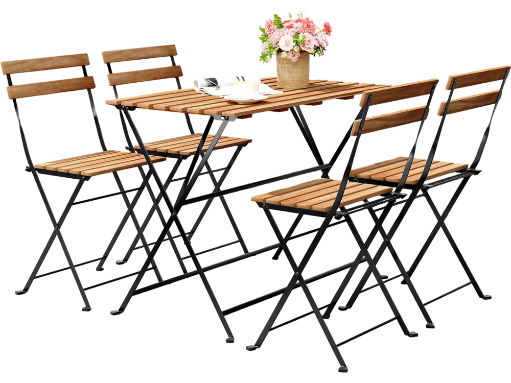 5-piece patio dining set featuring acacia wood tabletop and folding chairs, perfect for outdoor gatherings.