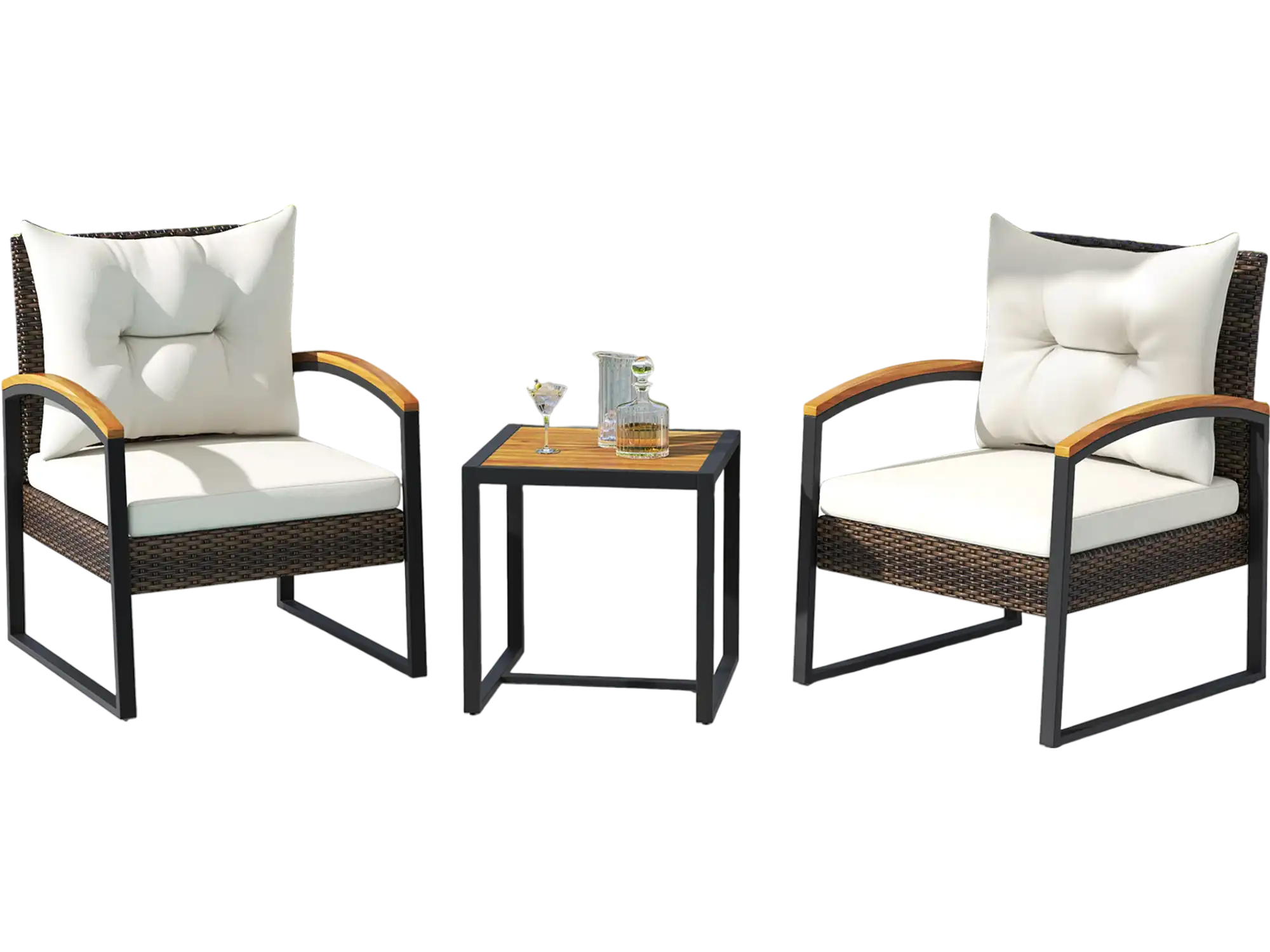 Costway 3 Piece Patio Conversation Set Wicker Acacia Wood Armrests Tabletop White 84297653 New