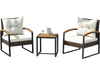 Two chairs with white cushions and acacia wood armrests, alongside a square table, perfect for poolside relaxation.