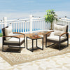 Two cozy chairs with acacia wood armrests and a square coffee table, perfect for outdoor patio relaxation.
