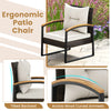 Ergonomic patio chair with acacia wood armrests, PE rattan, and cozy cushions, perfect for backyard relaxation.