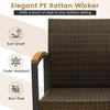 Close-up of the 3 Piece Patio Conversation Set showcasing the elegant PE rattan wicker and acacia wood armrests for.