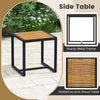 Square side table with slatted acacia wood top and sturdy metal frame, perfect for outdoor patio use.