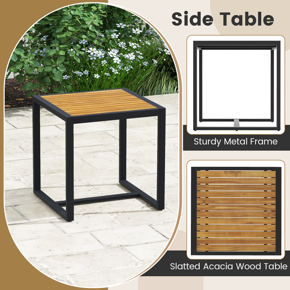 Square side table with slatted acacia wood top and sturdy metal frame, perfect for outdoor patio use.