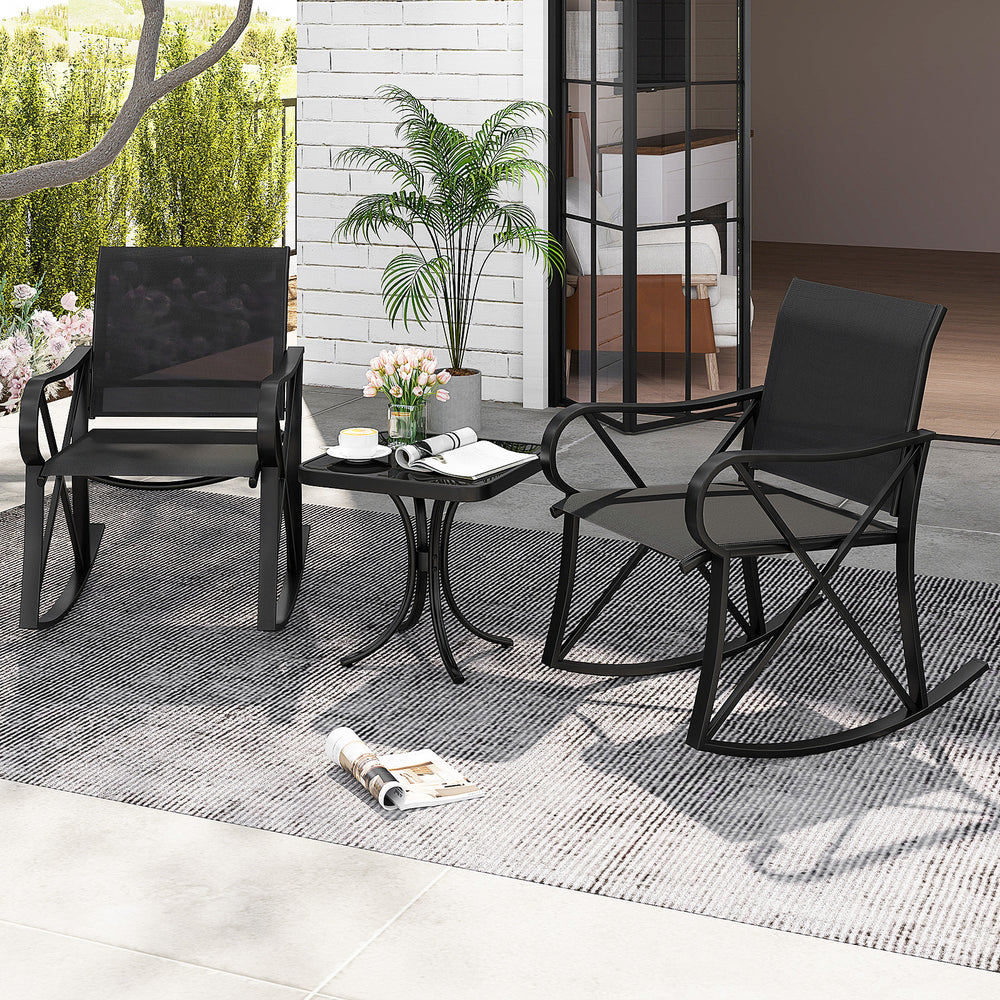 3-piece black patio rocking set featuring two chairs and a side table, perfect for backyard relaxation.