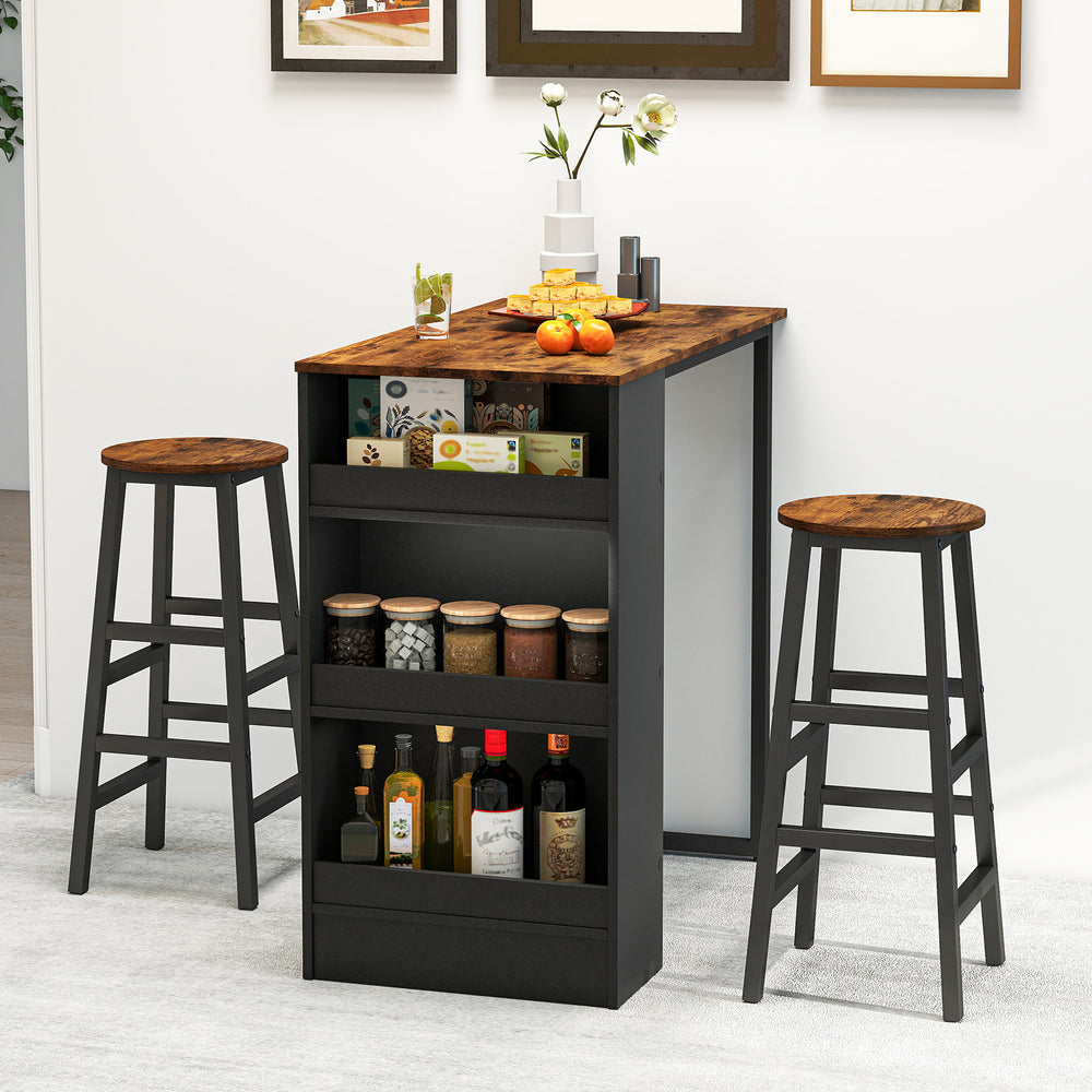 Bar table set featuring a rustic wood top, two stools, and three open shelves for storage, perfect for dining or.