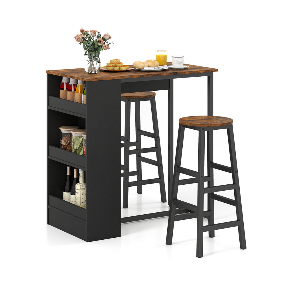 Bar table set featuring a wood top and black frame with 3 open shelves, perfect for kitchen or dining use.