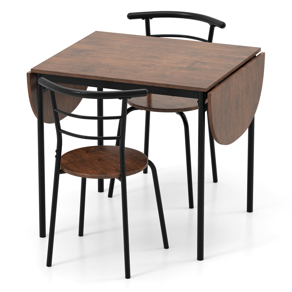 Brown 3-piece dining set featuring a drop leaf table and 2 ergonomic chairs, perfect for small spaces.
