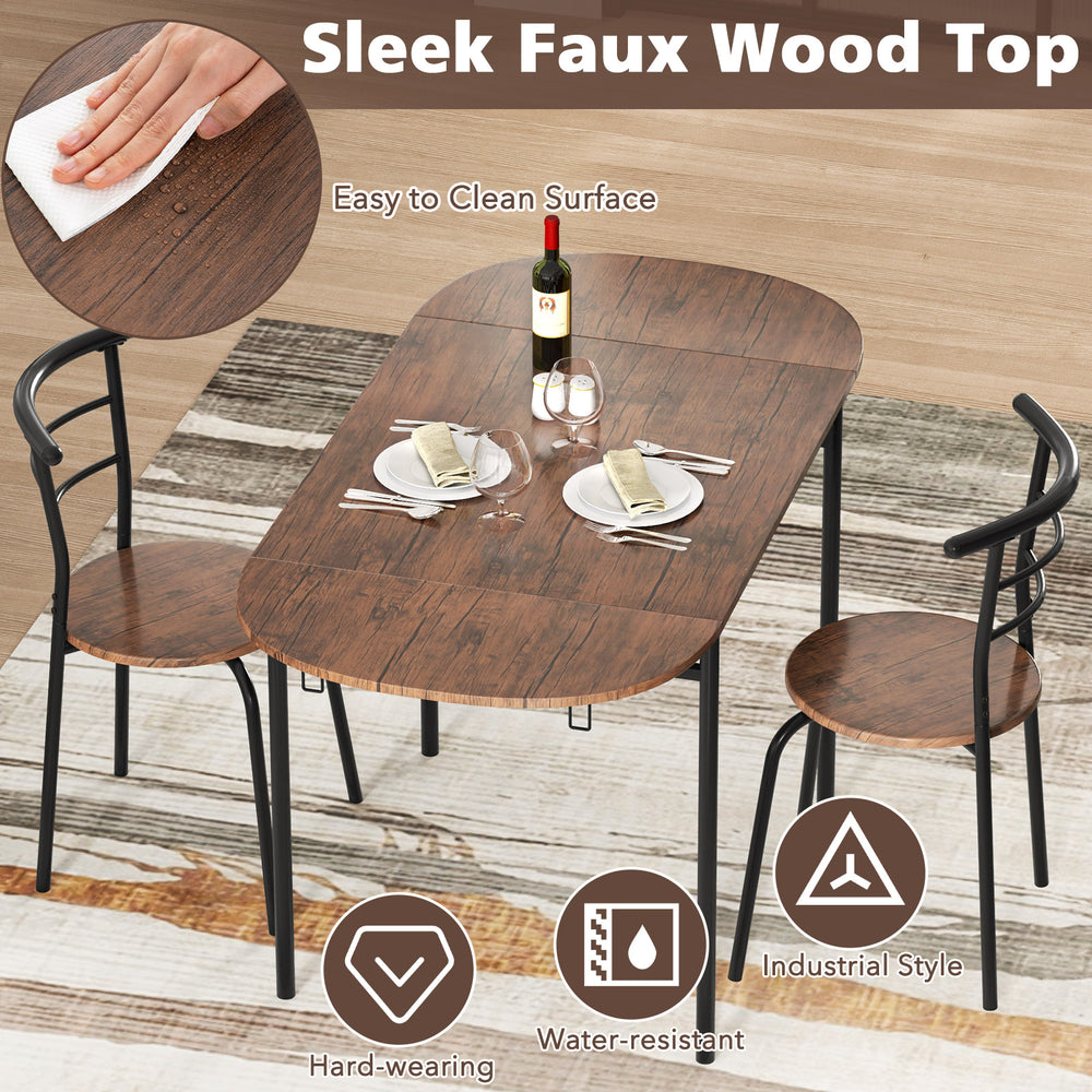 3-piece dining set featuring a brown faux wood table and two ergonomic chairs, perfect for small spaces and easy.