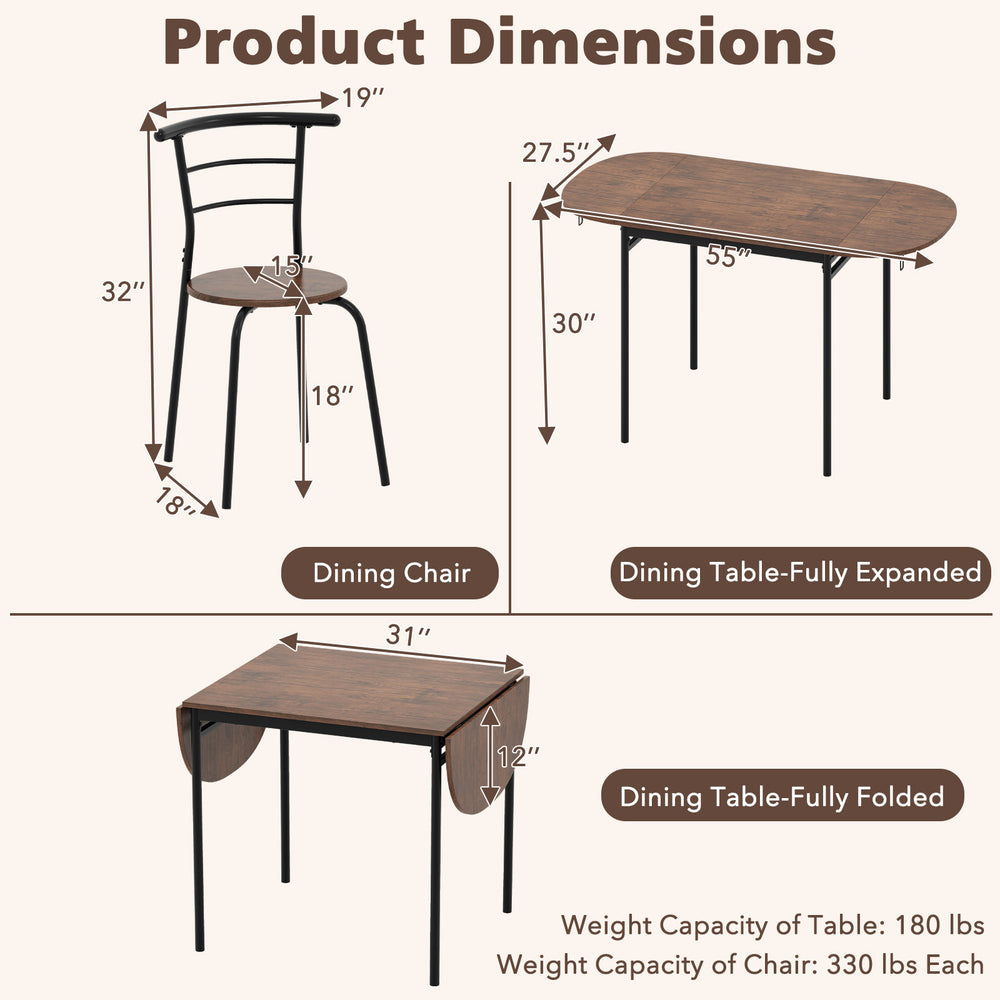 Dining set featuring a drop leaf table and two ergonomic chairs in brown, ideal for small spaces and apartments.