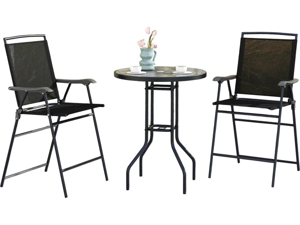 Outdoor bar stool set featuring black chairs and a DPC tabletop with umbrella hole, perfect for poolside relaxation.