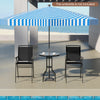 Black outdoor bar stool set with DPC tabletop and umbrella hole, perfect for poolside relaxation and easy storage.