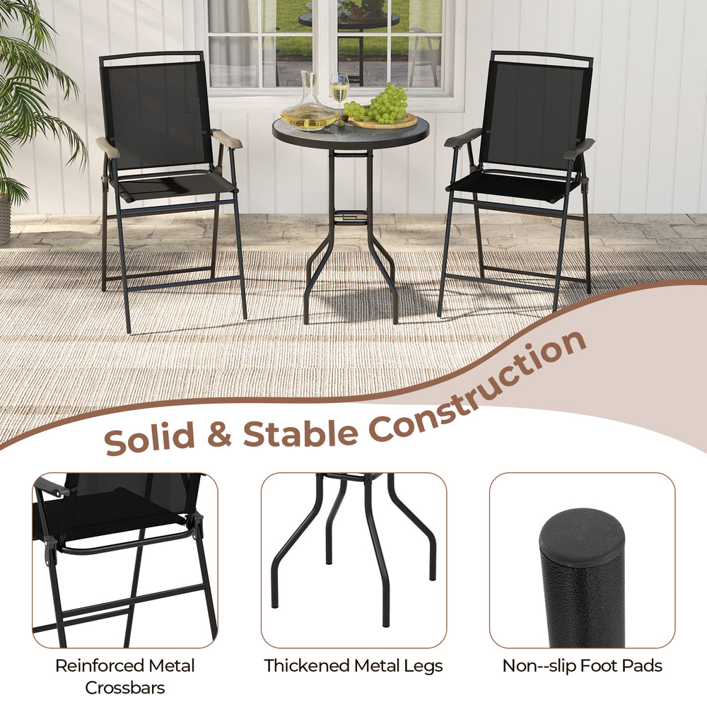 Three-piece outdoor bar stool set with black metal chairs and textured DPC tabletop, ideal for poolside relaxation.