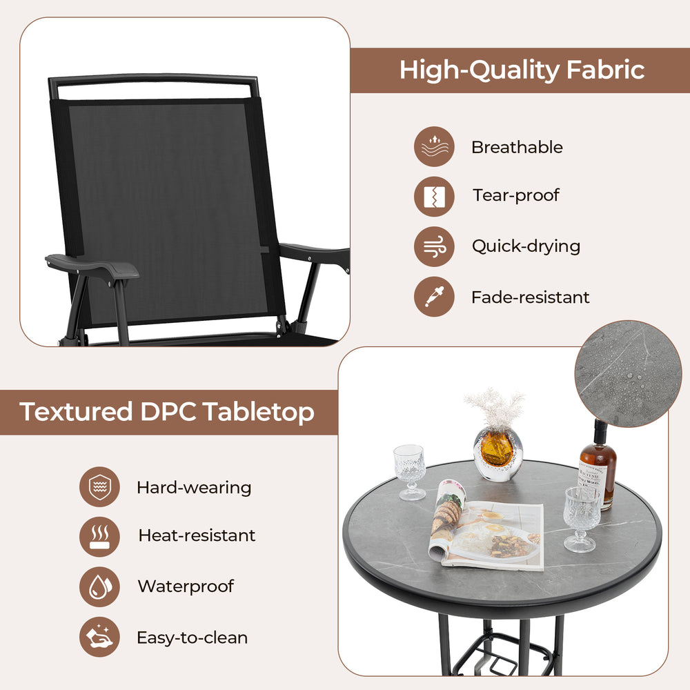 Outdoor bar stool set featuring breathable fabric chairs and a textured DPC tabletop with an umbrella hole for poolside.