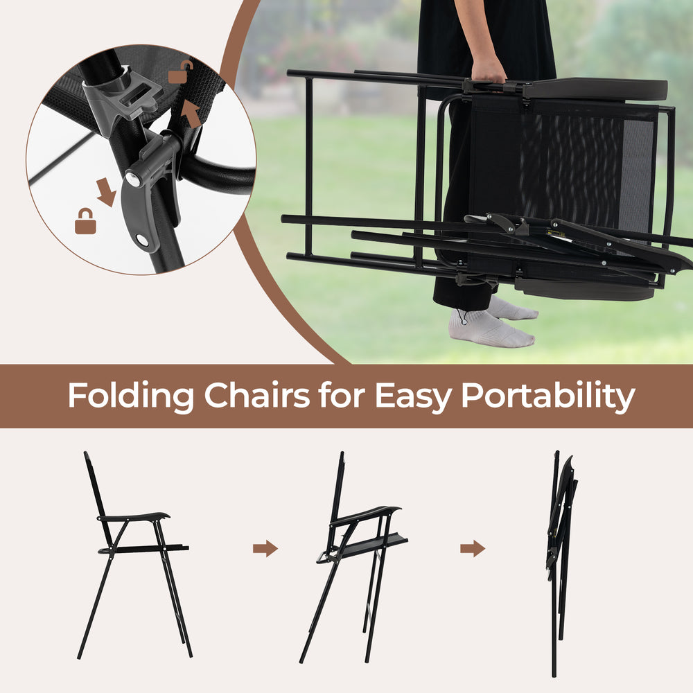 Folding outdoor bar stool set with ergonomic armrests and textured DPC tabletop, ideal for poolside relaxation.