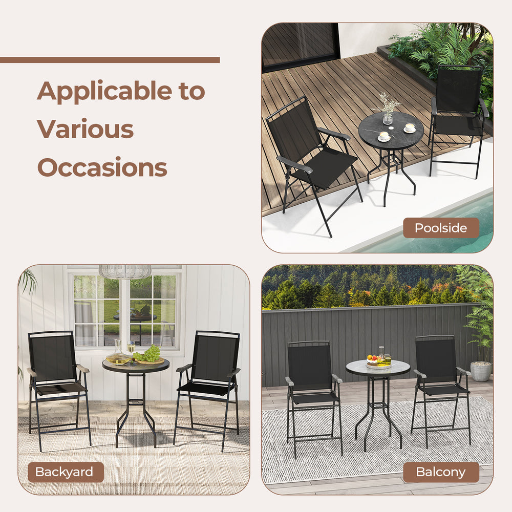 Three-piece outdoor bar stool set with black chairs and DPC tabletop, perfect for poolside relaxation and gatherings.