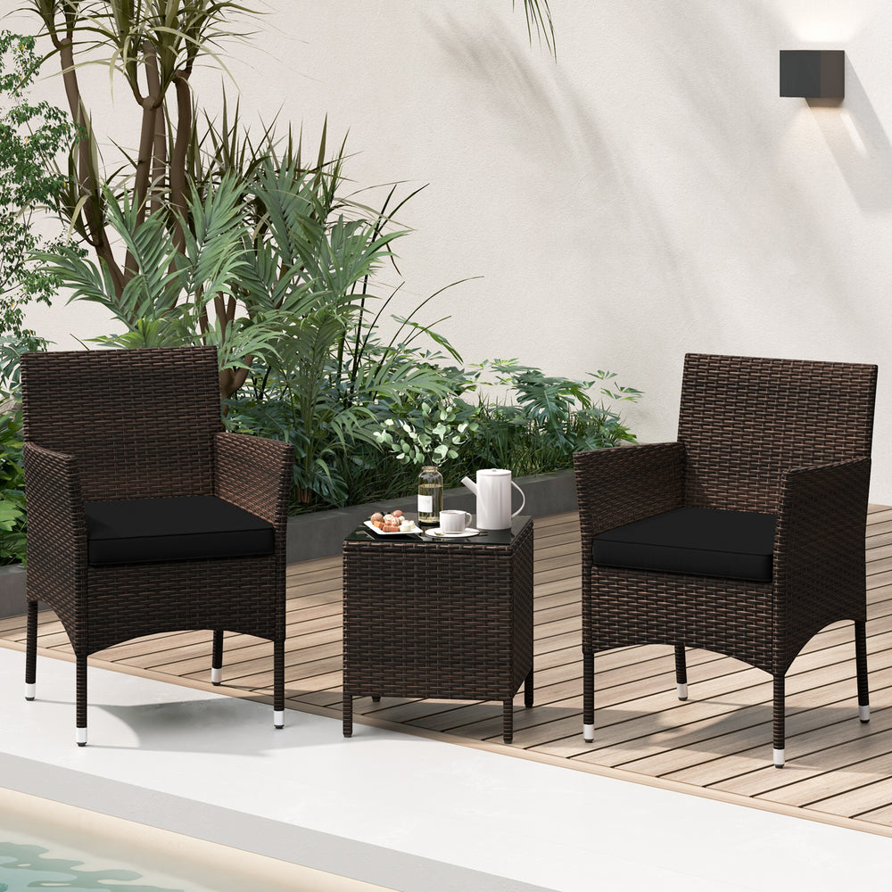 3 Pieces Outdoor Conversation Set with Cushioned Seat and Glass Tabletop-Black - Gallery View 1 of 10