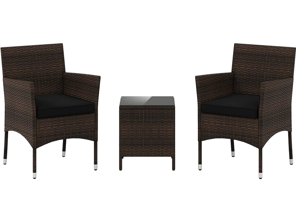 Two cushioned outdoor chairs with a square glass-top table, made of durable rattan, perfect for backyard relaxation.