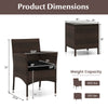 Dimensions of the 3-piece outdoor conversation set with cushioned seat and glass tabletop, featuring a durable rattan.