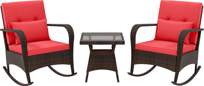 Costway Outdoor Rocking Chair Set Rattan with Tempered Glass Coffee Table 3 Pieces New