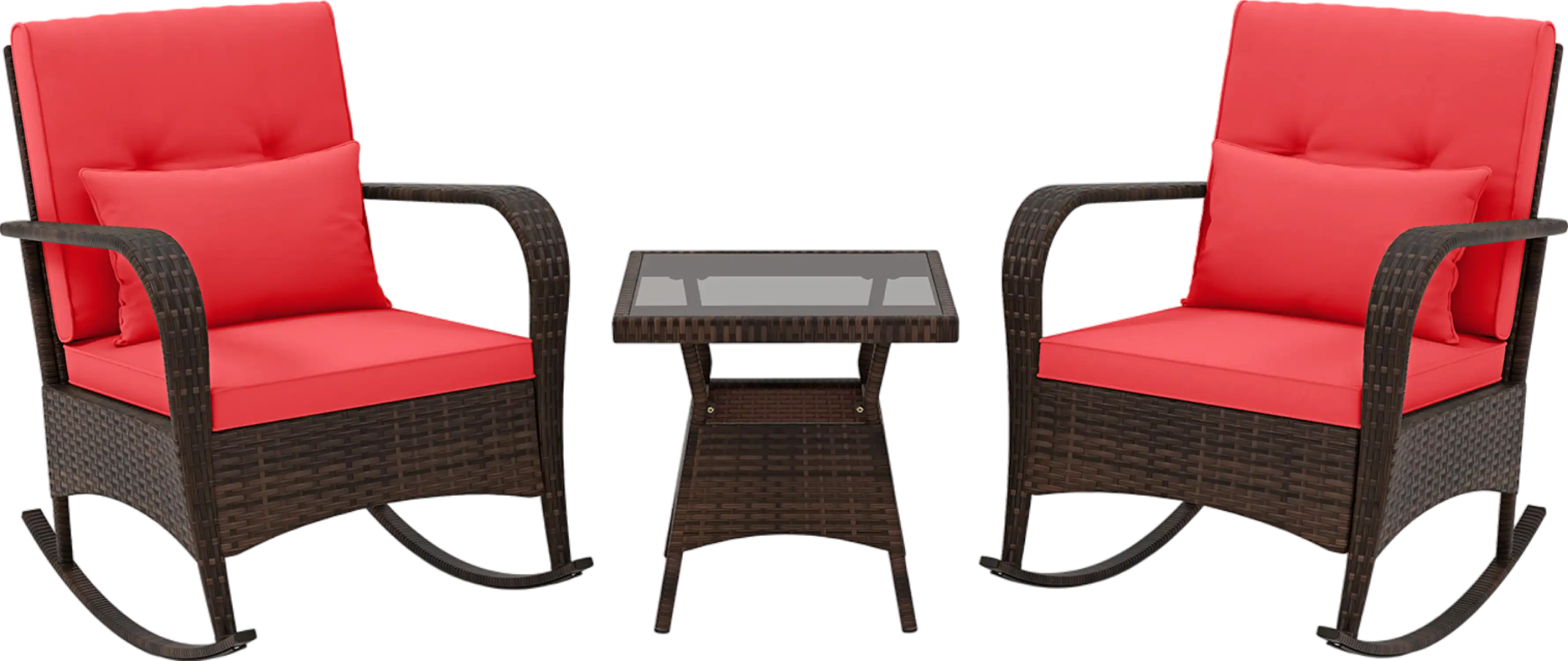 Costway Outdoor Rocking Chair Set Rattan with Tempered Glass Coffee Table 3 Pieces New